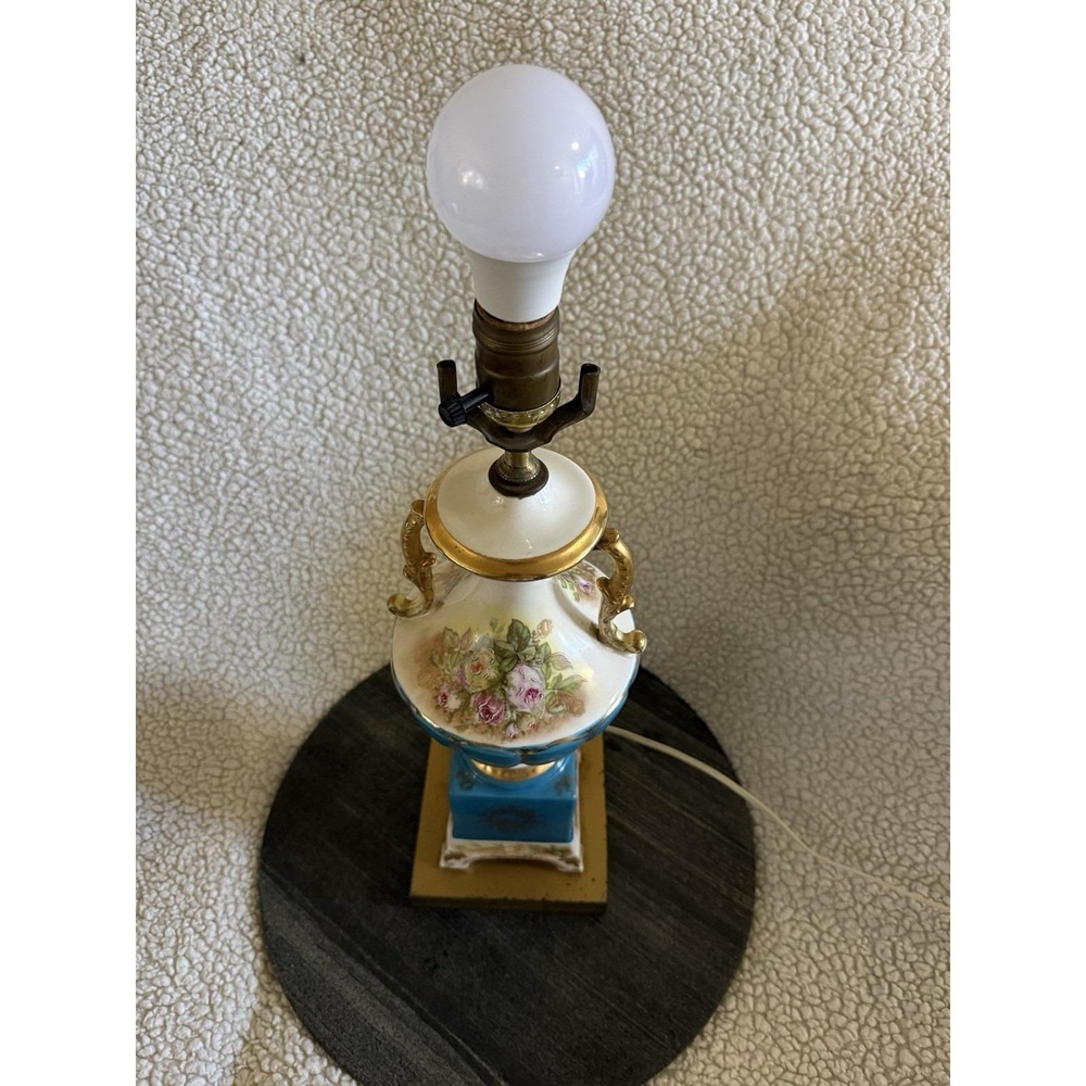 Vtg French Sevres Style Porcelain Urn Lamp Blue Floral Gold Signed Antique Decor - Picture 3 of 12